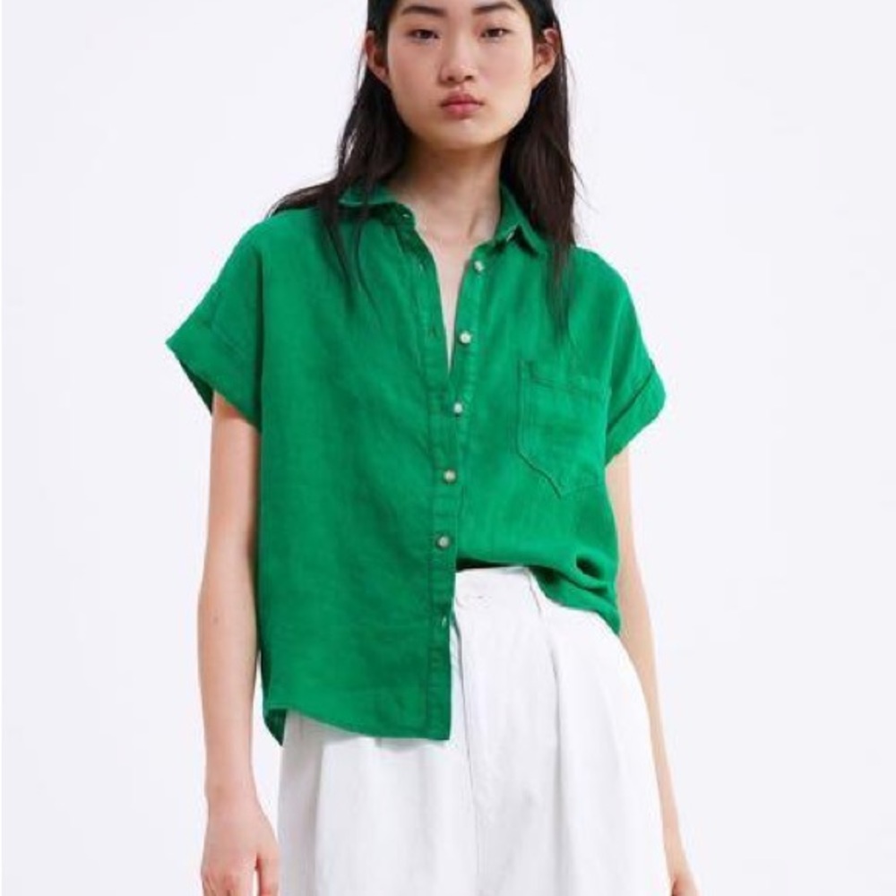 Zara Kelly Green Linen Pocket Cropped Blouse - M